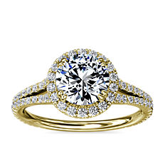 Split-Shank Diamond Halo Engagement Ring in 18k Yellow Gold